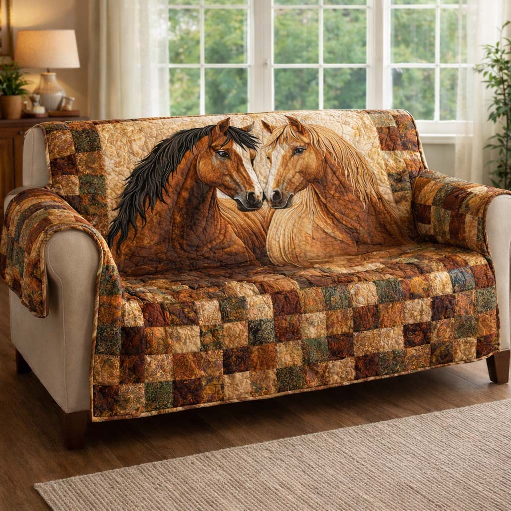 Autumn Bond Horses Quilted Sofa Cover Western Home Couch Cover Autumn Lover Gift Ideas - Tradiviet