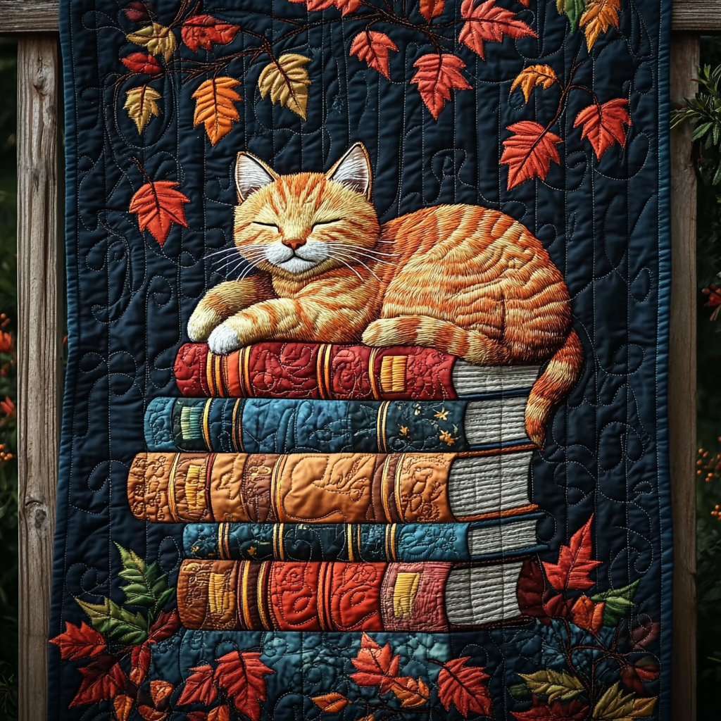 Autumn Book Kitten Quilted Blanket Best 4Th Of July Gift For Rustic Decor - Tradiviet