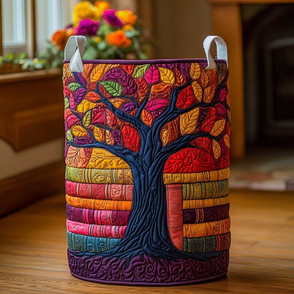 Autumn Books Tree Quilted Laundry Basket Best Laundry Basket Gifts For Book Lovers - Tradiviet