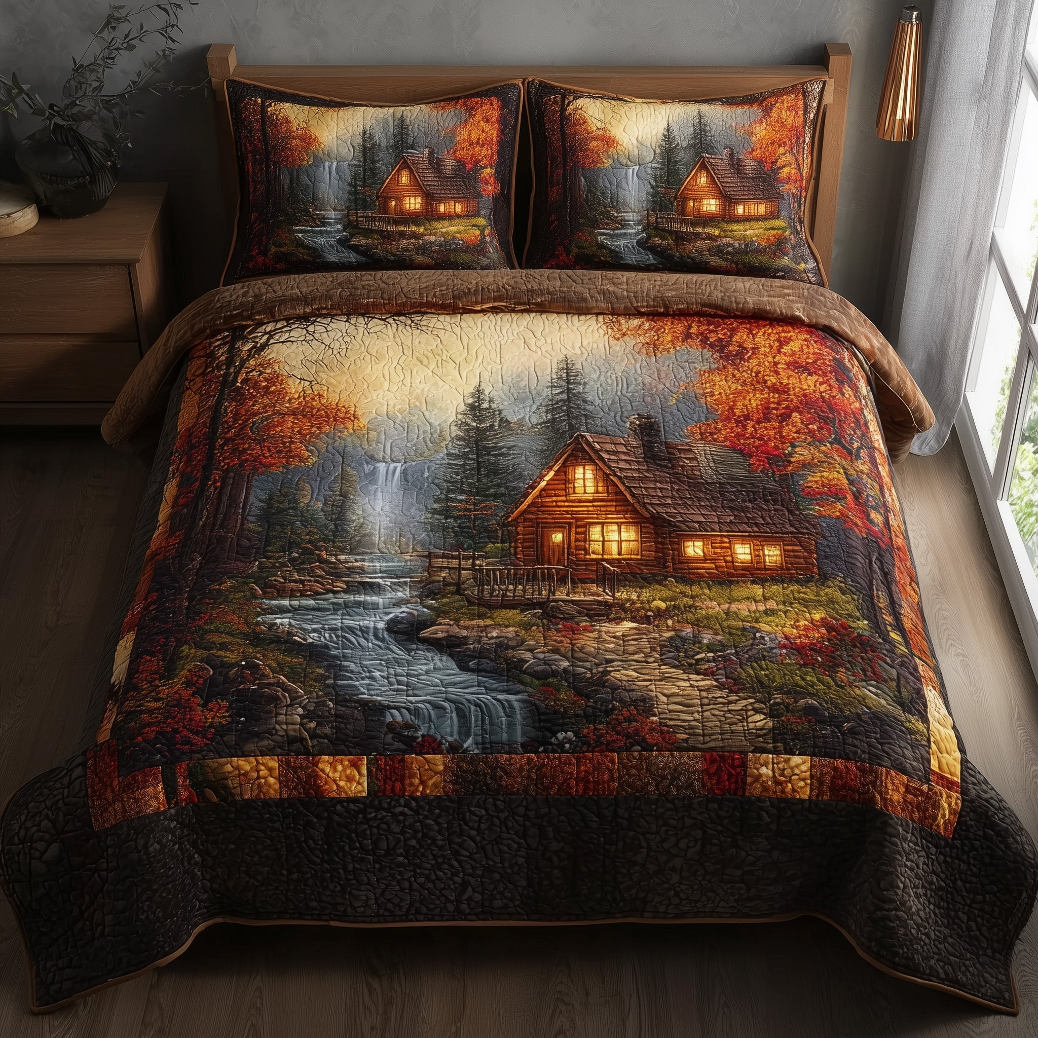 Autumn Cabin Quilted Bedding Set Autumn Cabin Display Gift For Autumn Family - Tradiviet