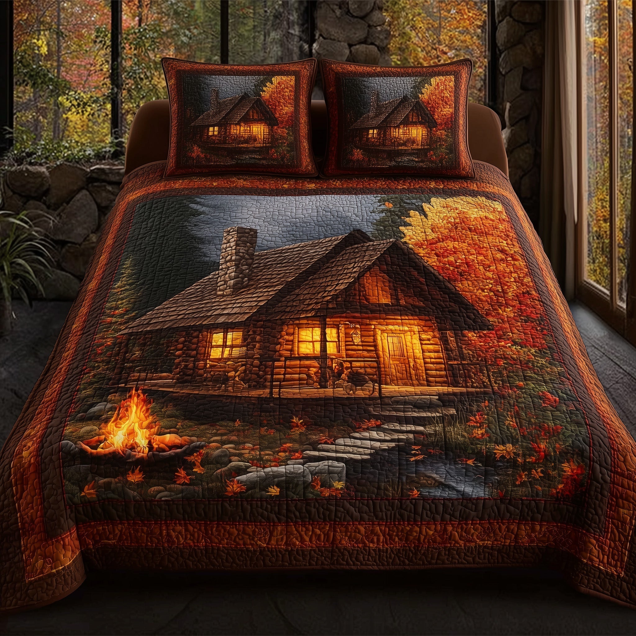 Autumn Cabin Quilted Bedding Set Autumn Cabin Pattern Gift For Autumn Cabin - Tradiviet