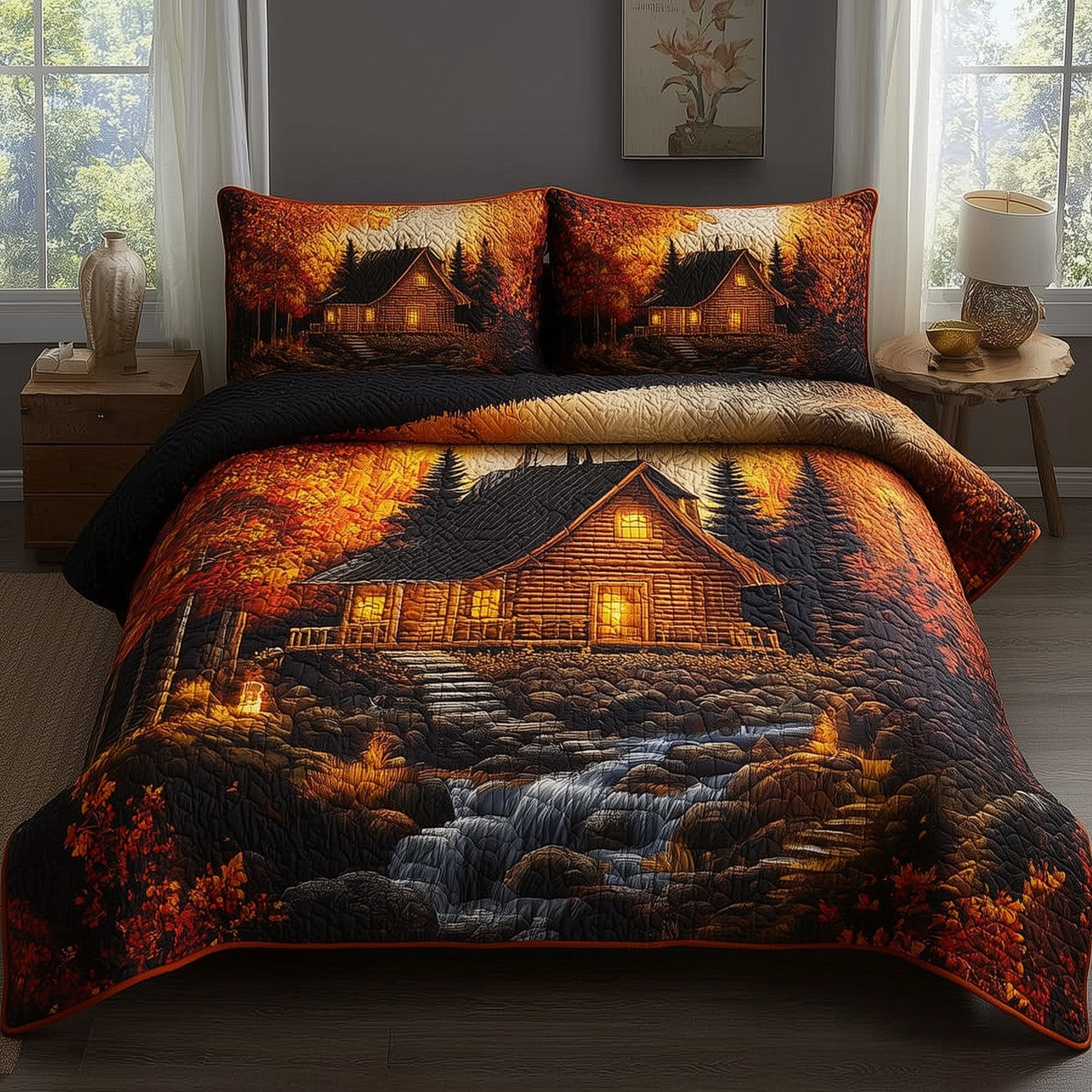 Autumn Cabin Quilted Bedding Set Autumn Cabin Statement Gift For Autumn Friends - Tradiviet