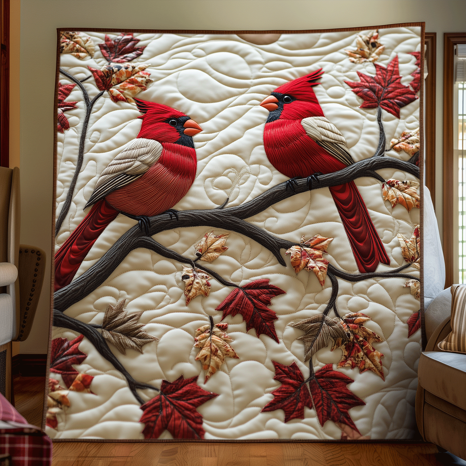 Autumn Cardinal Quilted Blanket Independence Day Gift For New Home - Tradiviet