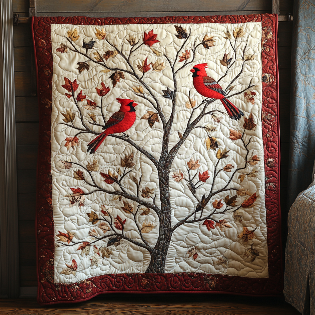 Autumn Cardinal Tree Quilted Blanket Independence Day Gift For Decor Lover - Tradiviet