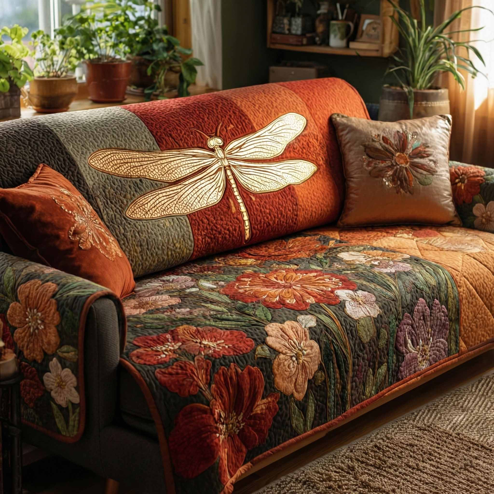 Autumn Dragonfly Quilted Sofa Cover Best Slipcovers Dragonfly Gift For Adults - Tradiviet