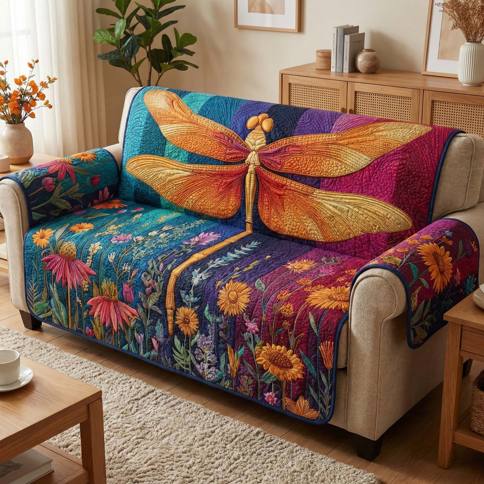 Autumn Dragonfly Quilted Sofa Cover Butterfly Home Couch Cover Unique Autumn Lover Gifts - Tradiviet