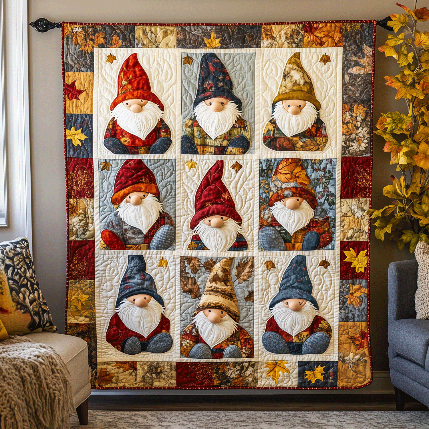 Autumn Gnomes Quilted Blanket Celebrating USA 250 Patriotic Gifts For Men - Tradiviet