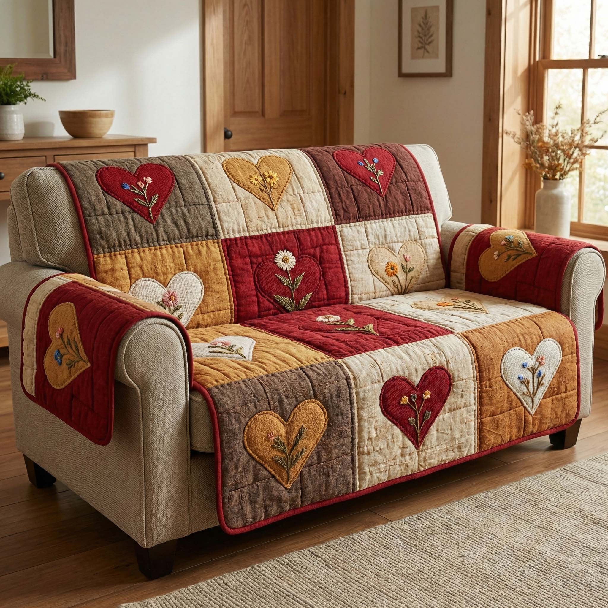 Autumn Hearts Quilted Sofa Cover Autumn Home Couch Cover Cute Autumn Lover Gifts - Tradiviet