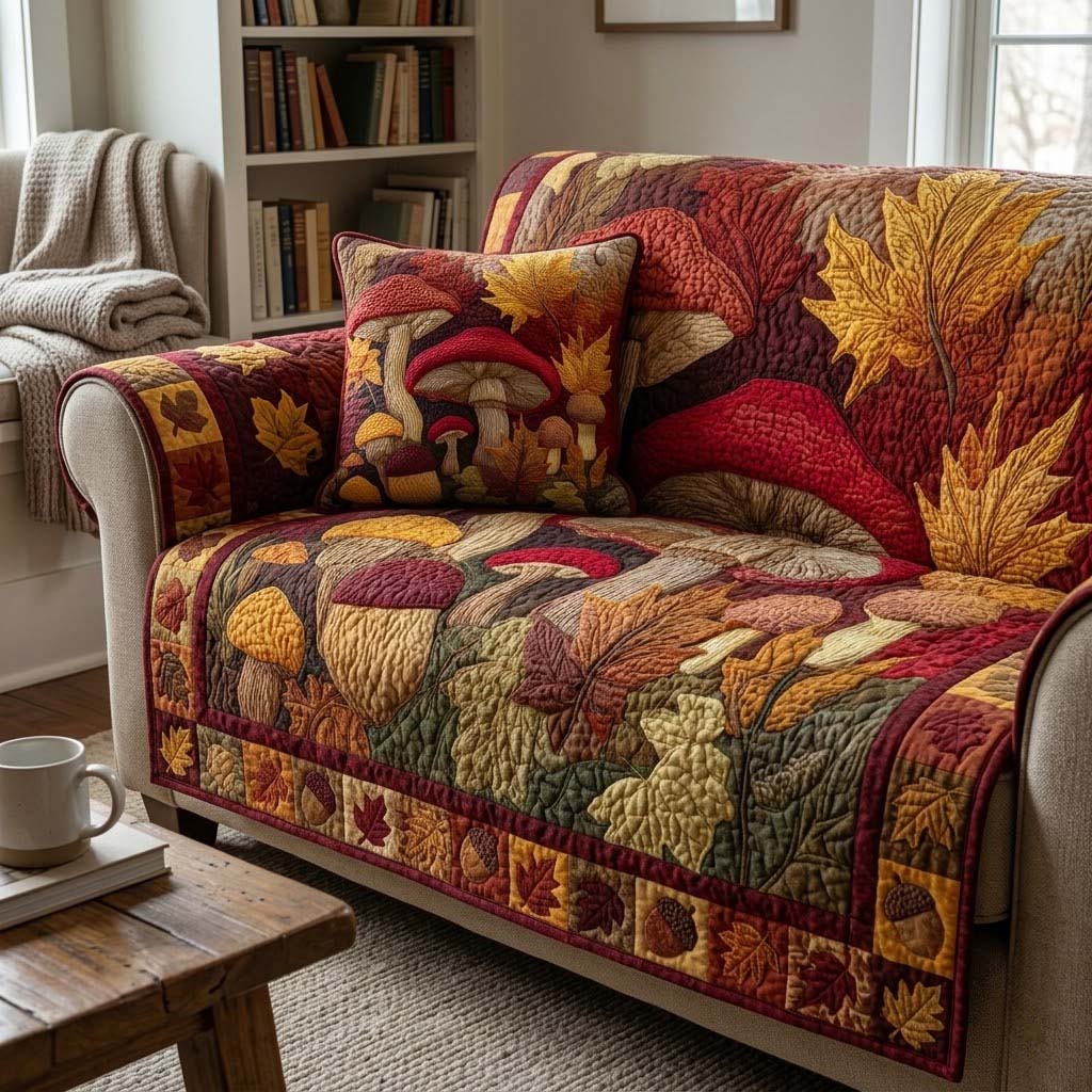 Autumn Mushroom Garden Quilted Sofa Cover Warm Room Decor Gift For Room Decor - Tradiviet