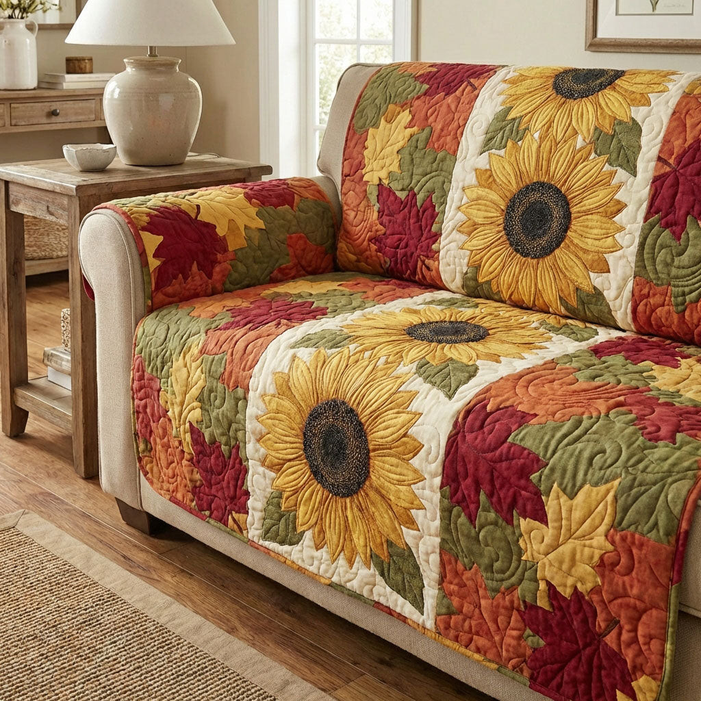 Autumn Sun Bloom Quilted Sofa Cover Best Sectional Couch Covers Sunflower Gifts For Her - Tradiviet