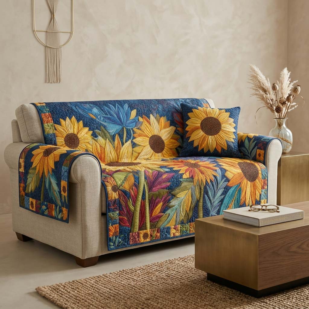 Autumn Sunflower Quilted Sofa Cover House Room Decor Gifts For Sunrise Lovers - Tradiviet