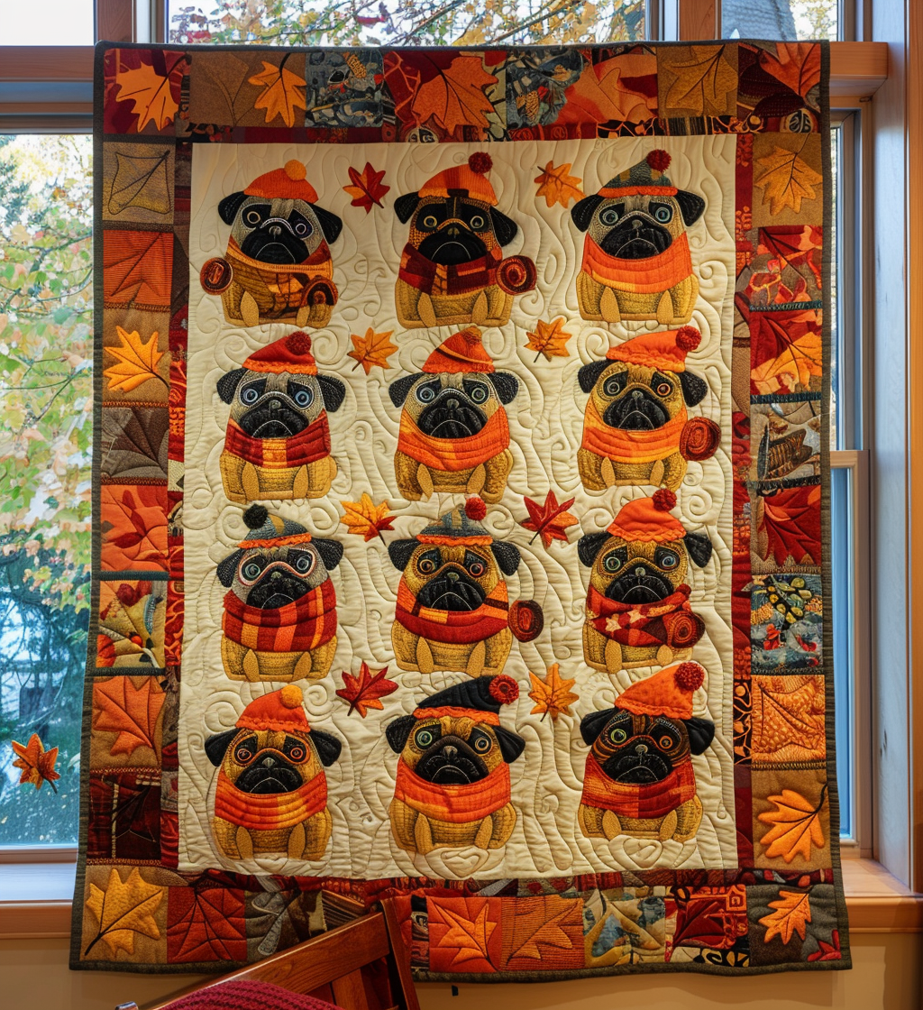 Autumn Vibe Pugs Quilted Blanket American 250 Years Birthday Gift For Boho Decor - Tradiviet