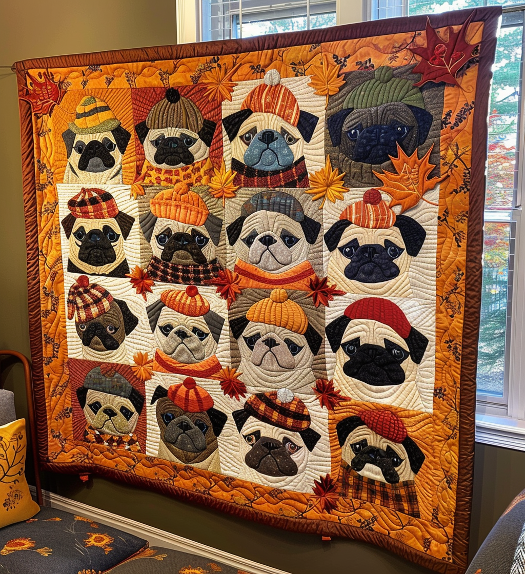 Autumn Vibe Pugs Quilted Blanket America's Birthday Gift For Rustic Decor - Tradiviet