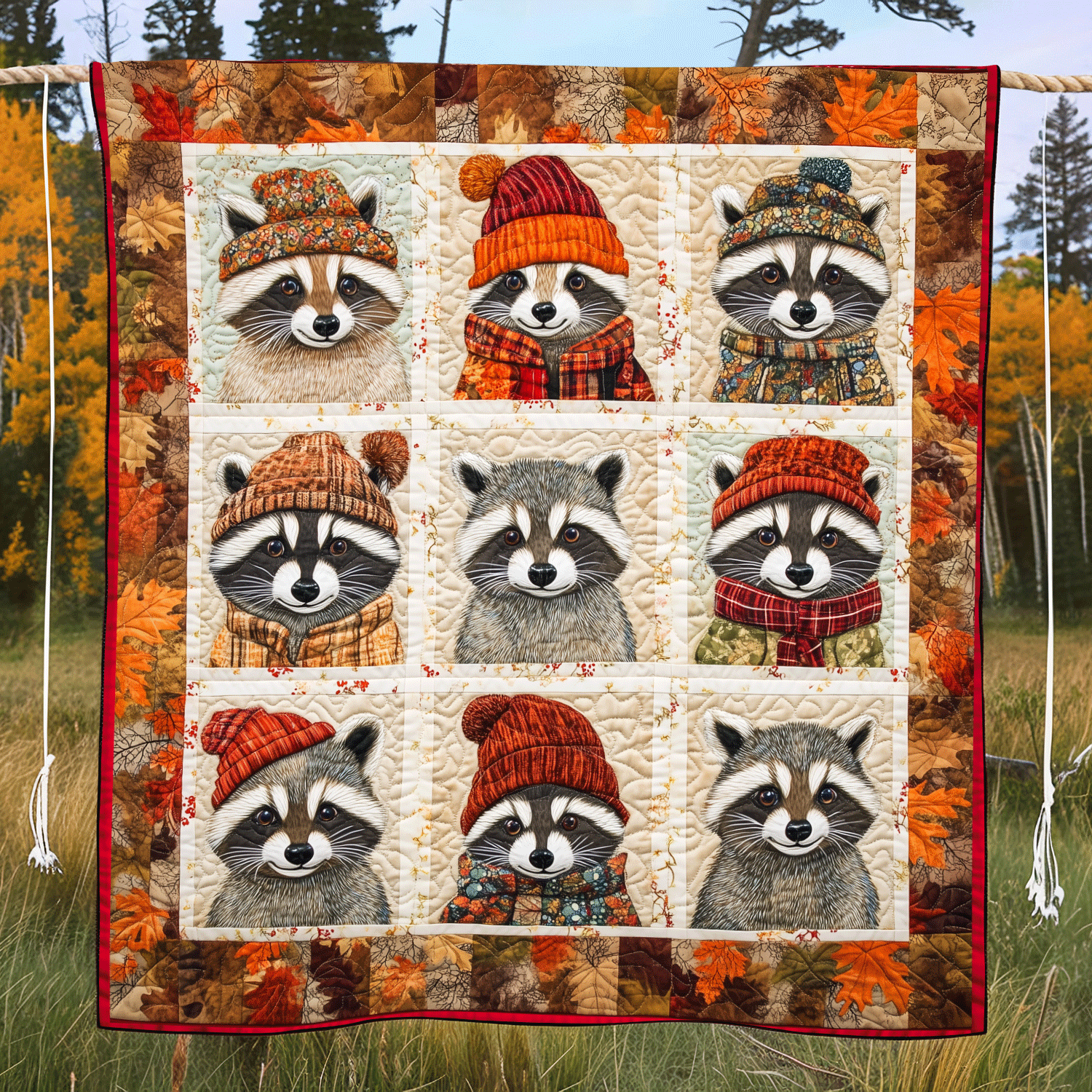 Autumn Vibe Raccoon Quilted Blanket Cute Fourth Of July Gift For Cozy Home - Tradiviet