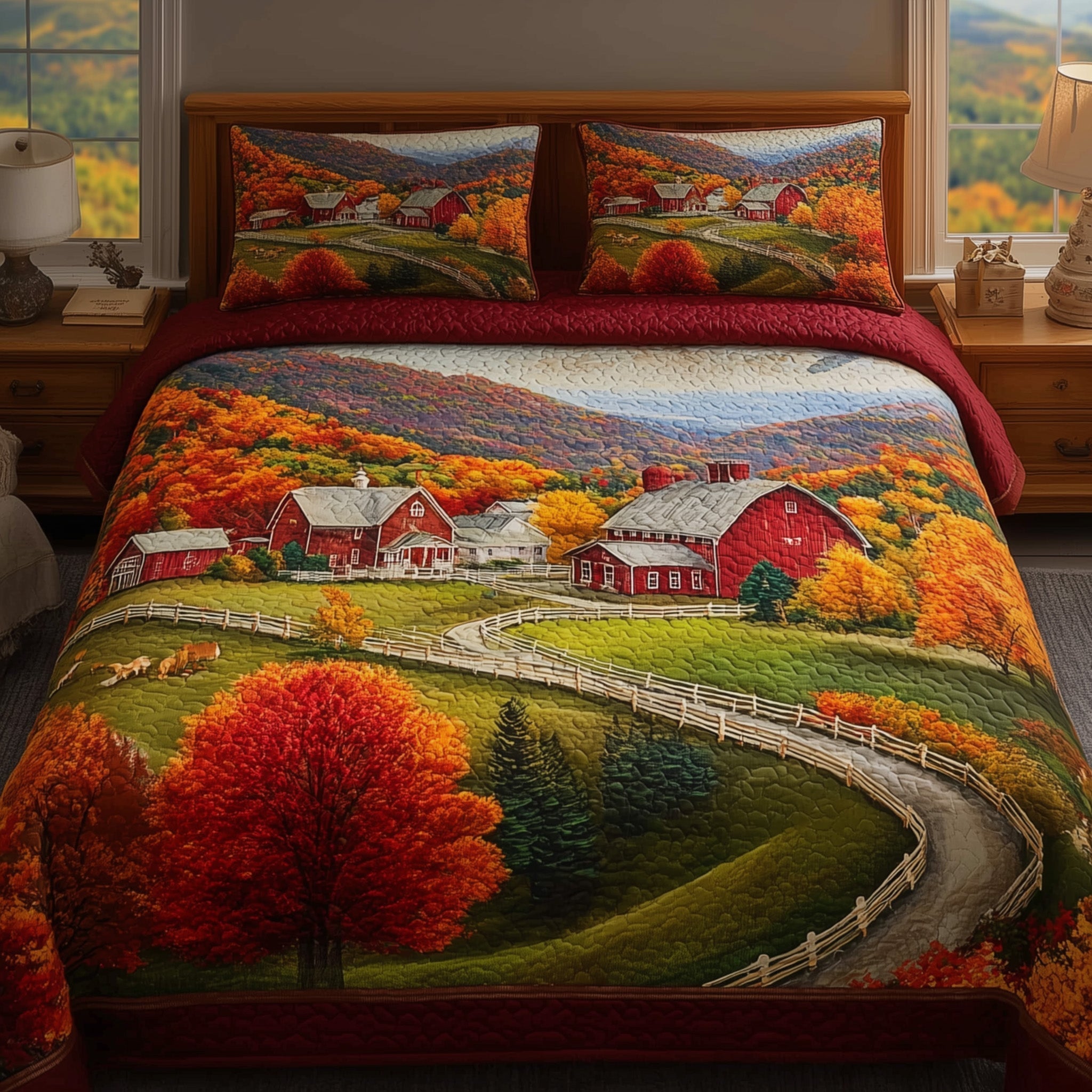 Autumn Villages Quilted Bedding Set Autumn Villages Statement Gift For Autumn Villages - Tradiviet