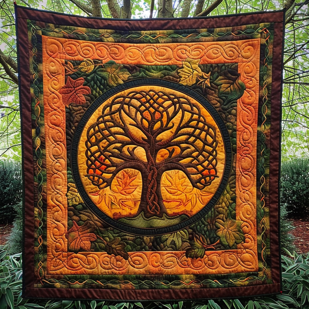 Autumnal Celtic Tree Quilted Blanket July 4 Apparel Gift For Family Decor - Tradiviet