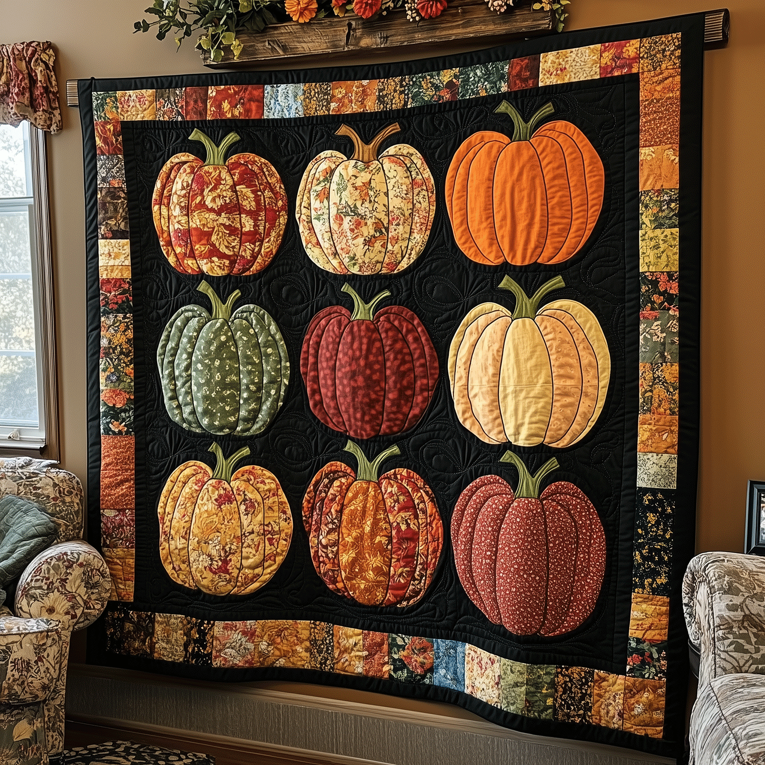 Autumnal Pumpkin Quilted Blanket America Patriotic Gift For Aesthetic Room - Tradiviet
