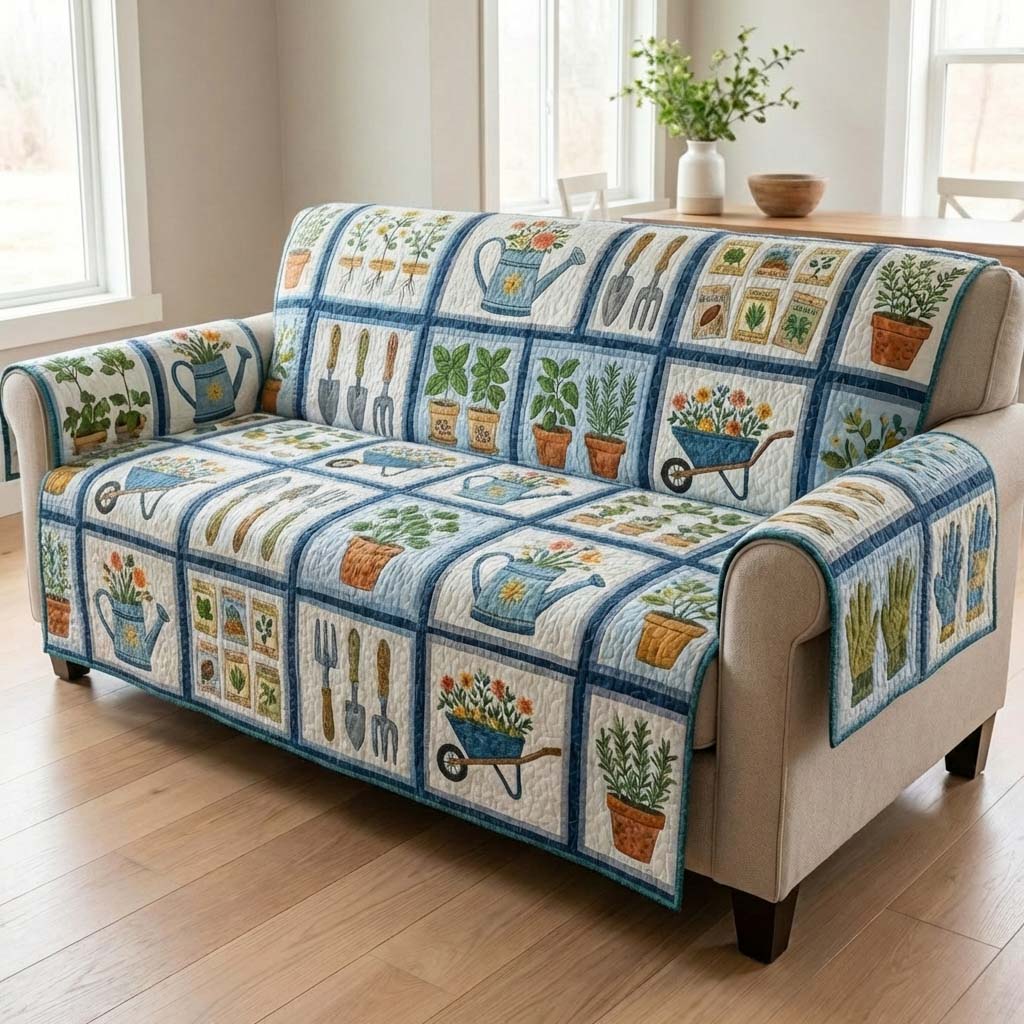 Azure Gardening Quilted Sofa Cover Living Room Decor Best Housewarming Gift Ideas - Tradiviet