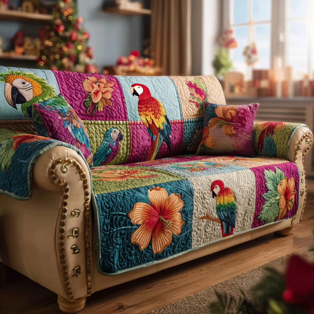 Azure Parrot Haven Quilted Sofa Cover Cool Couch Covers Gifts For Parrot Lovers - Tradiviet