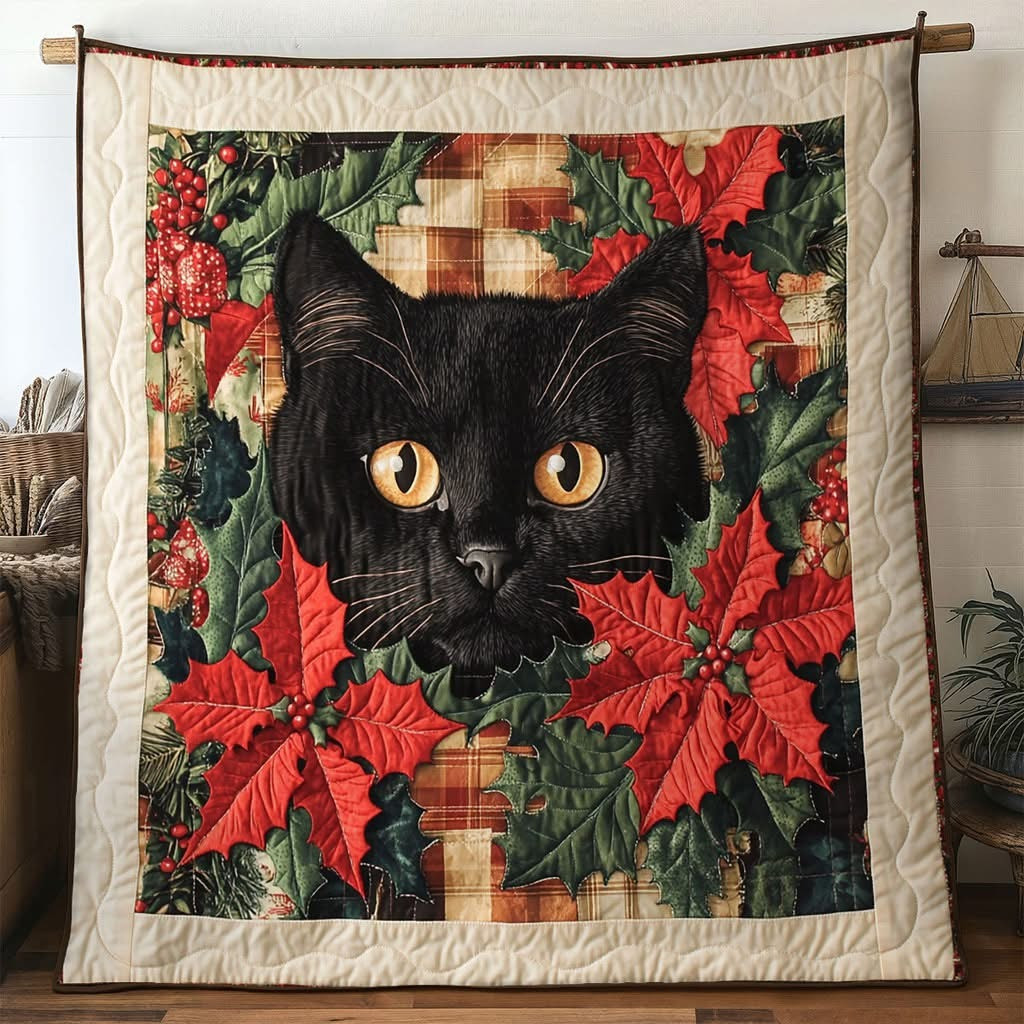 Back Cat Poinsettia Christmas Quilt Blanket Cute Merch Christmas Gift Ideas For Cat Lovers - Tradiviet