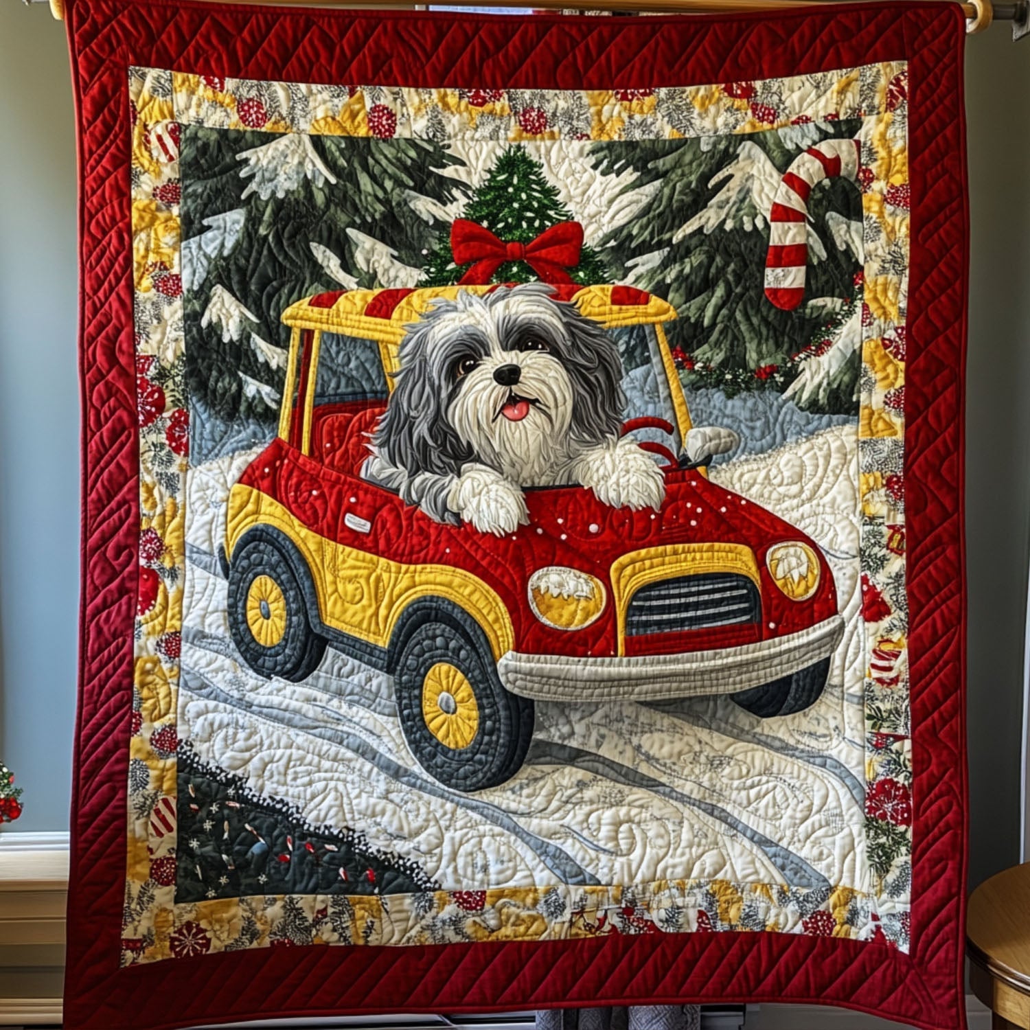 Barking in Snow Quilted Blanket Indoor Holiday Decorations Gift For Grandpa - Tradiviet
