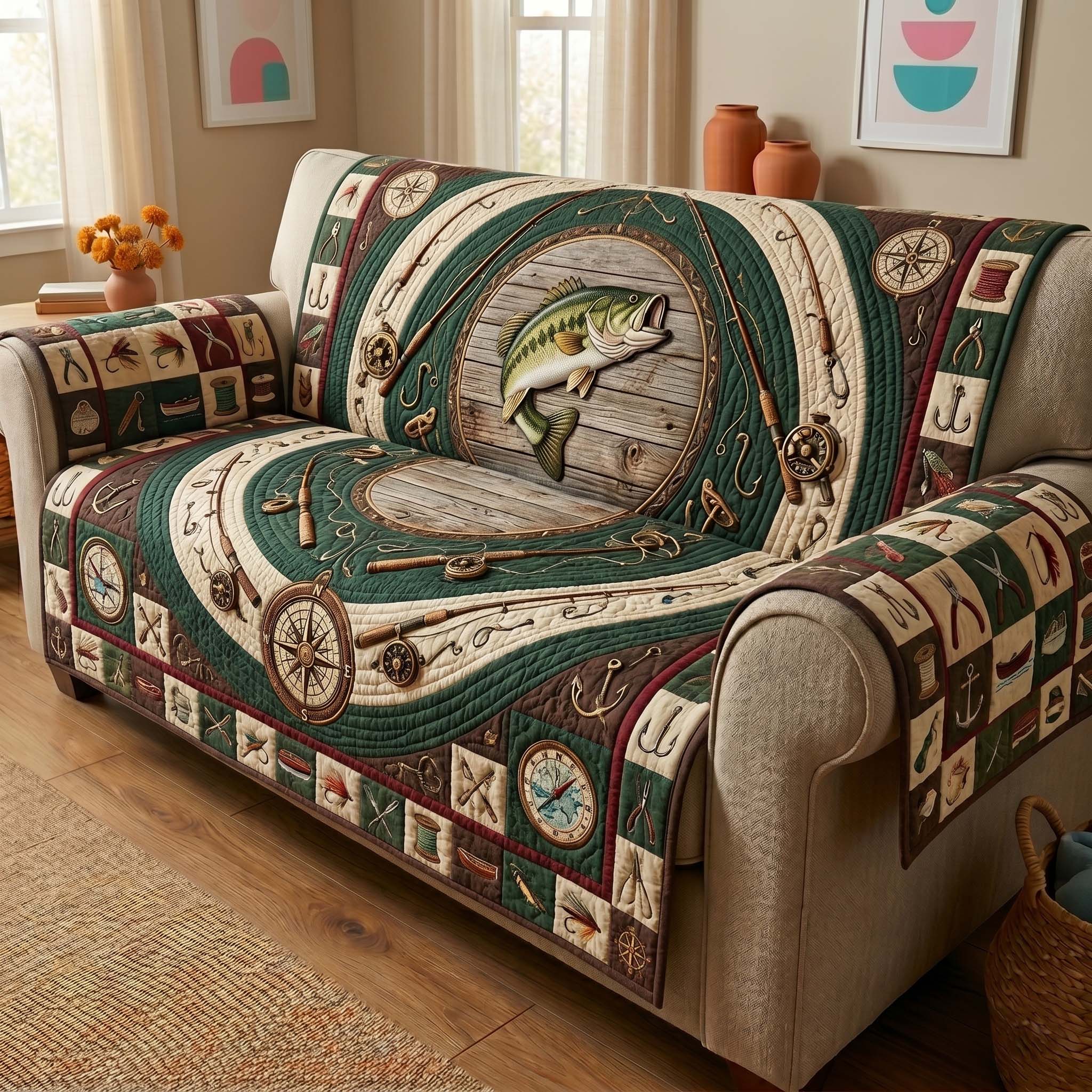 Bass Compass Quilted Sofa Cover Lakeside Home Couch Cover Best Home Decor Gifts - Tradiviet