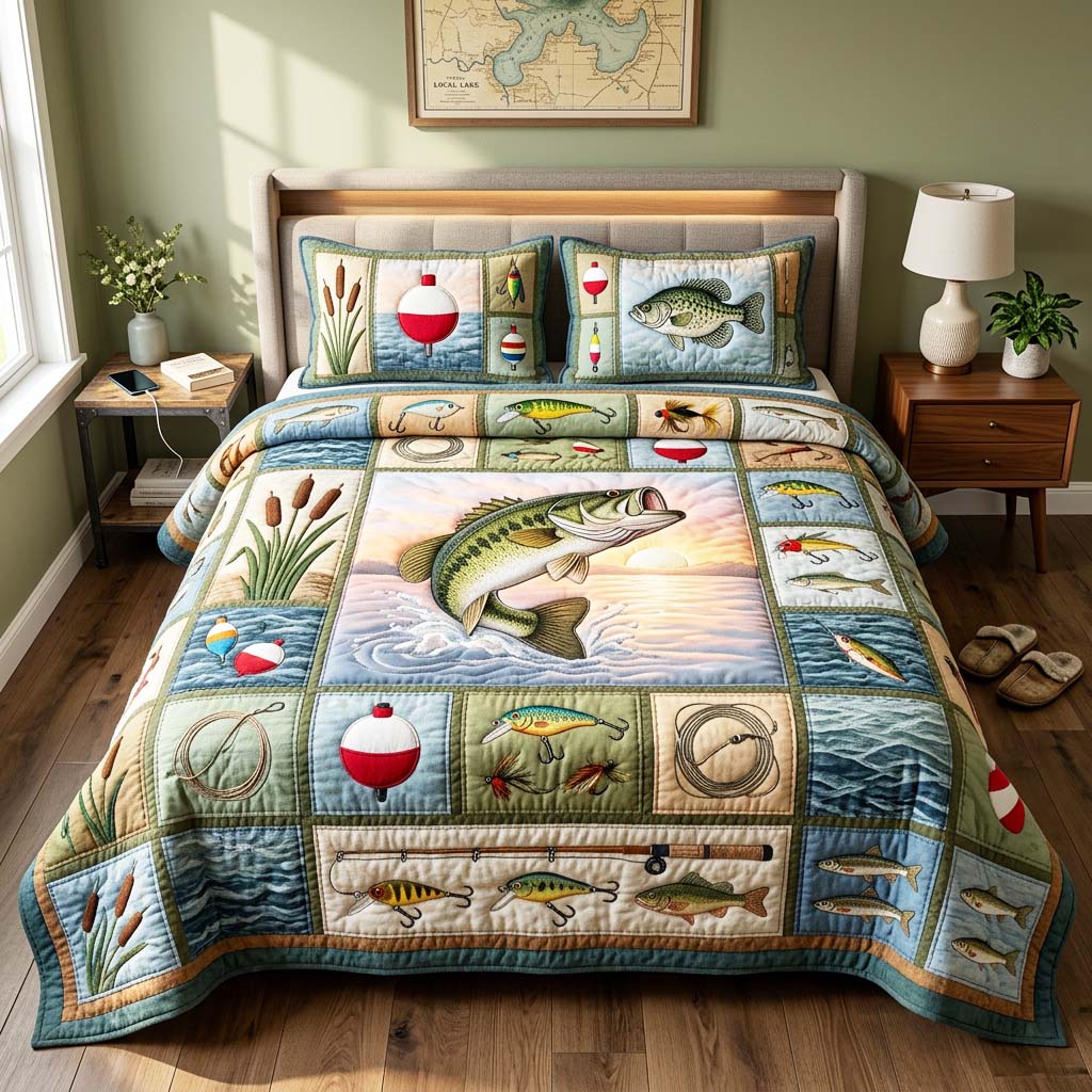 Bass Fishing Quilted Bedding Set Bass Fishing Woodland Gift For Bass Fishing - Tradiviet