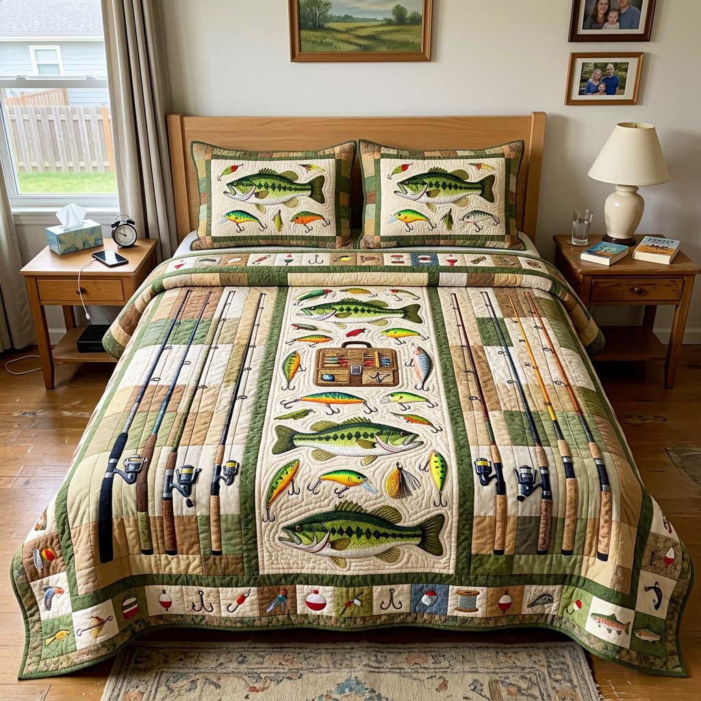 Bass Tackle Quilted Bedding Set Bass Tackle Wildlife Gift For Bass Tackle - Tradiviet
