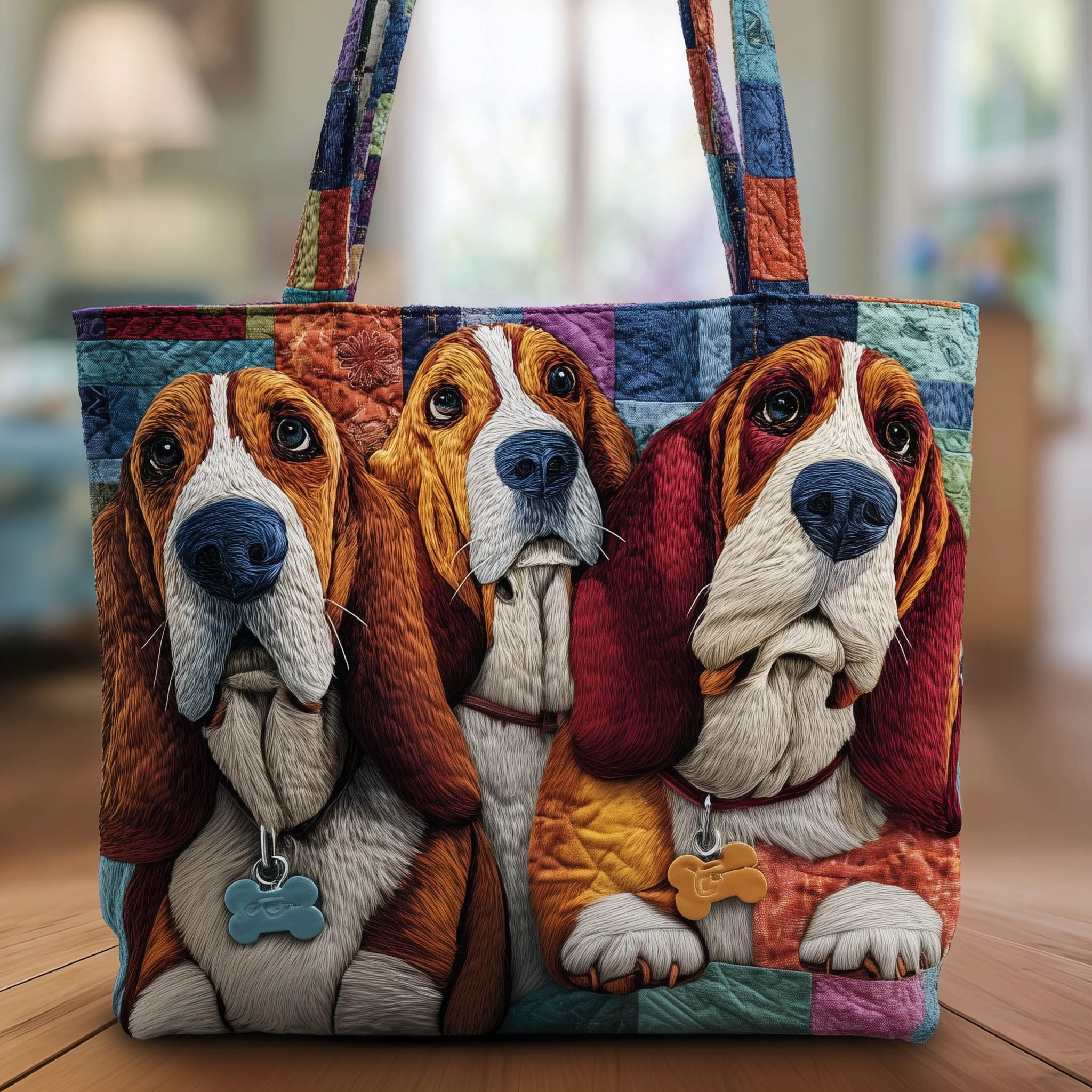 Basset Hound Quilted Tote Bag Whimsical Dog Tote Bag Gifts For Basset Hound Lovers - Tradiviet