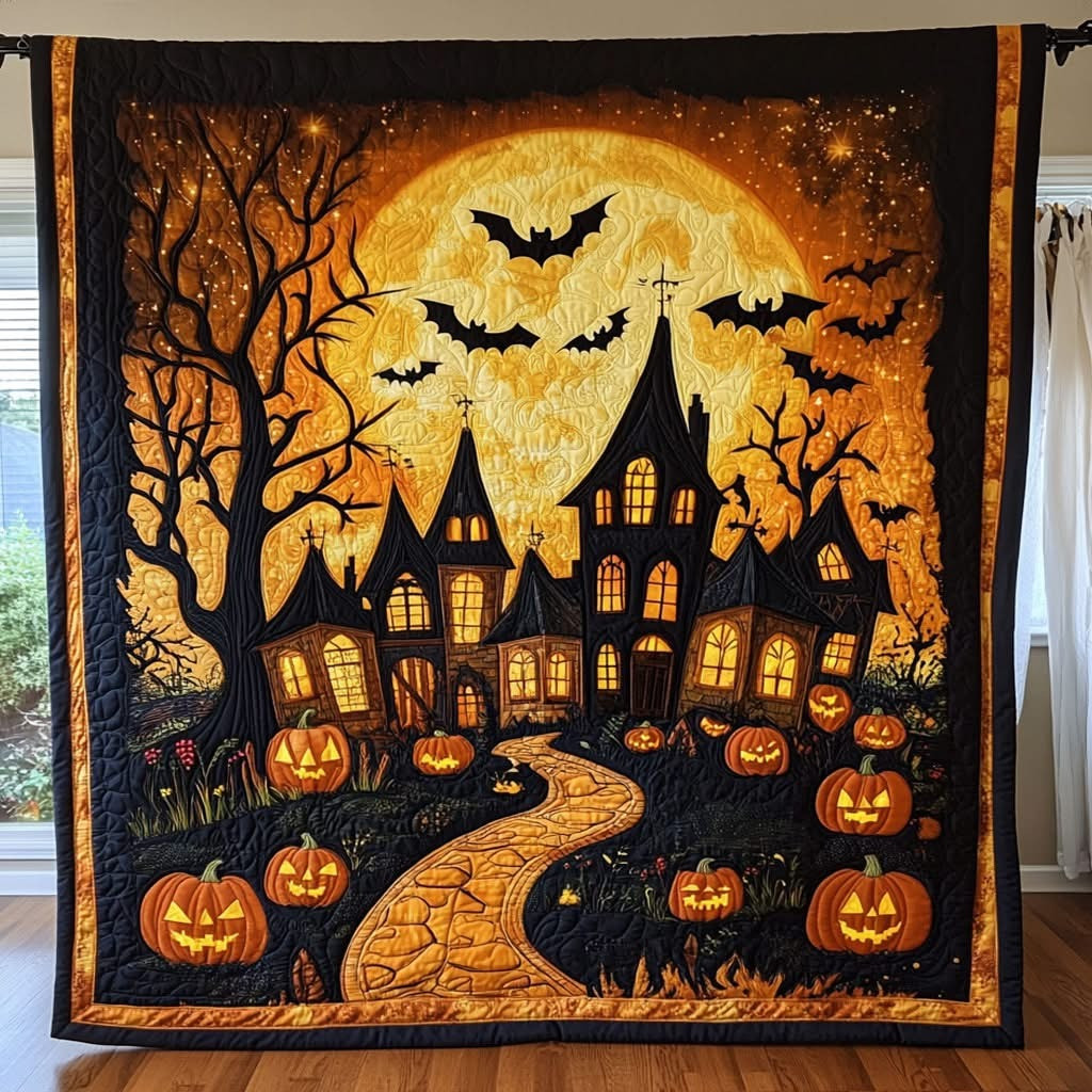 Bats Over The Mansion Halloween Quilt Blanket Haunted House Spooky Pumpkin Halloween Merch - Tradiviet