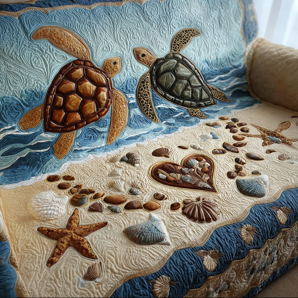 Beach Heart Turtles Quilted Sofa Cover Living Room Decor Sea Turtle Gifts For Mom - Tradiviet