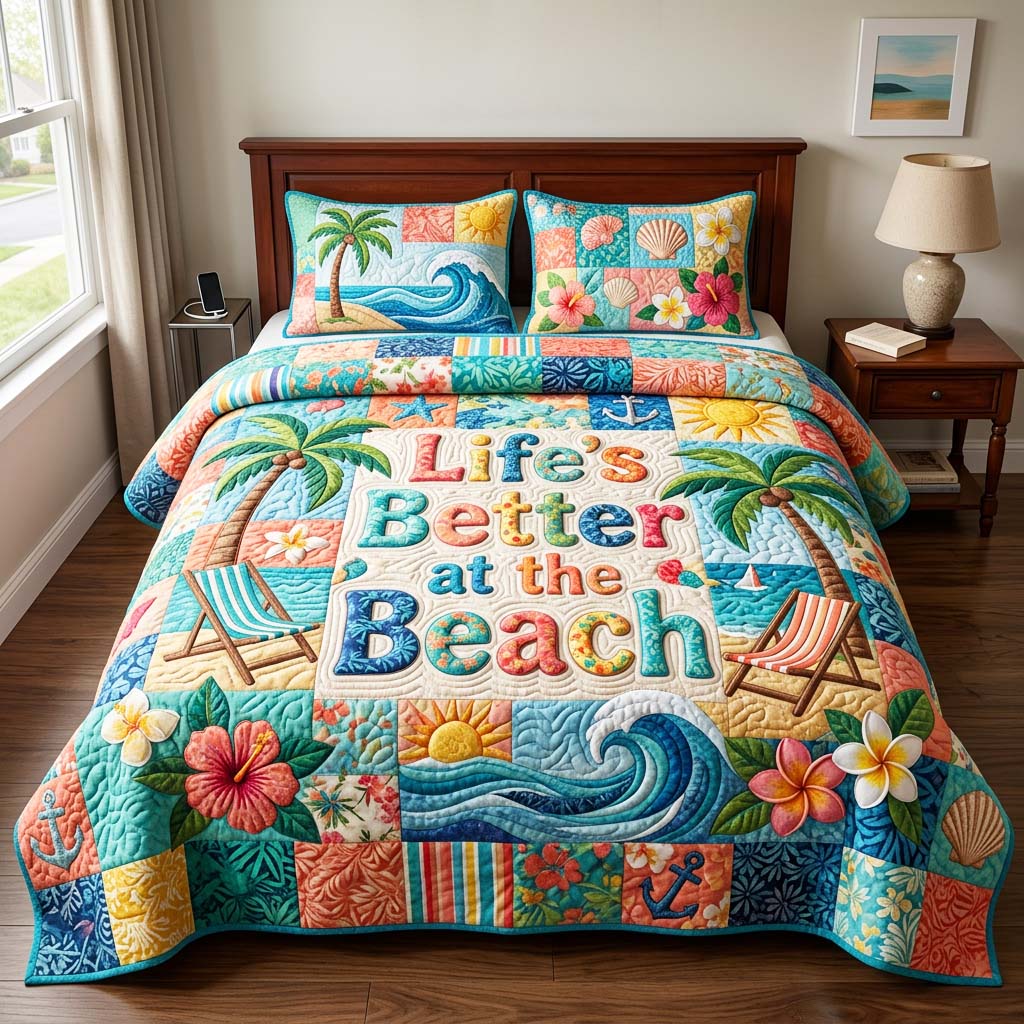 Beach Patchwork Quilted Bedding Set Beach Patchwork Keepsakes Gift For Beach Patchwork - Tradiviet
