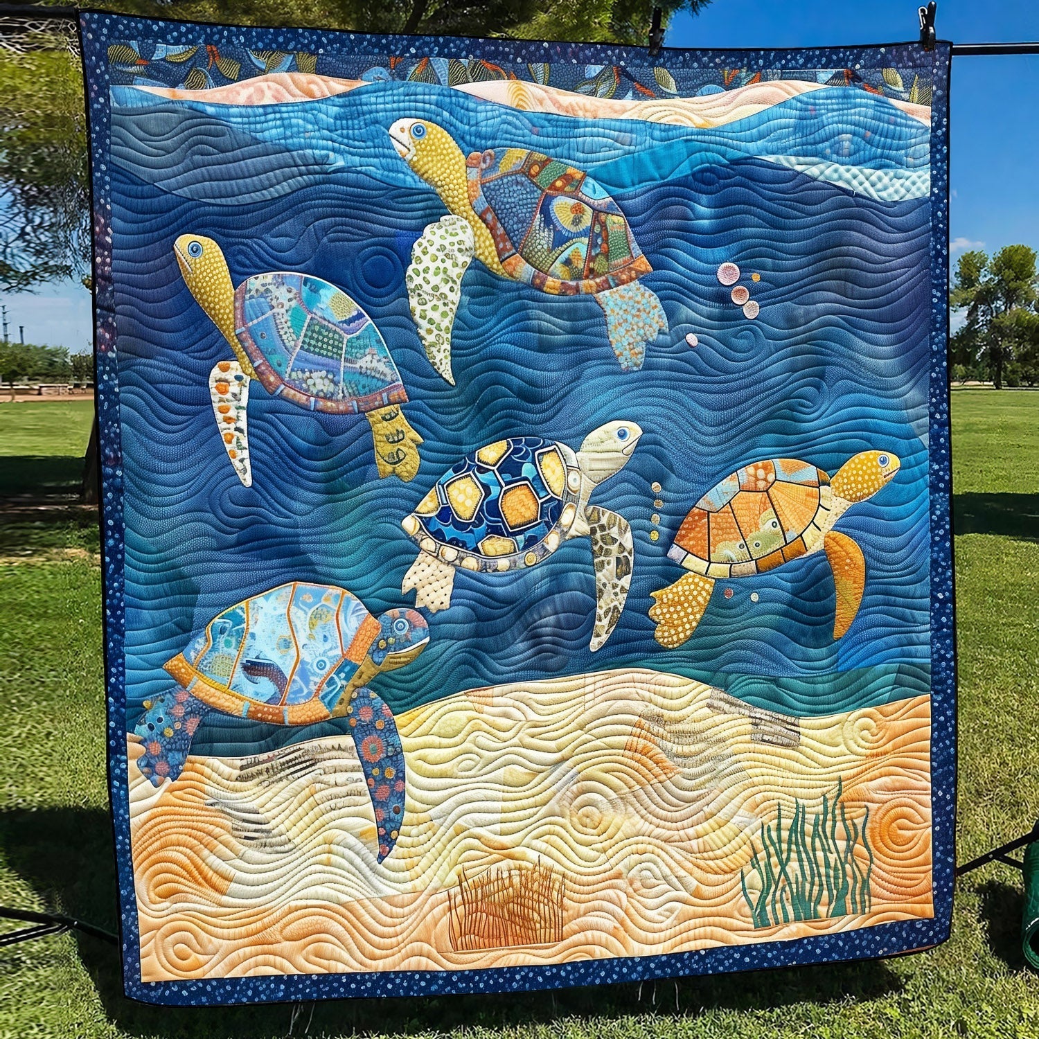 Beachcomber Turtles Quilted Blanket America's 250 Birthday Gift For Boho Decor - Tradiviet