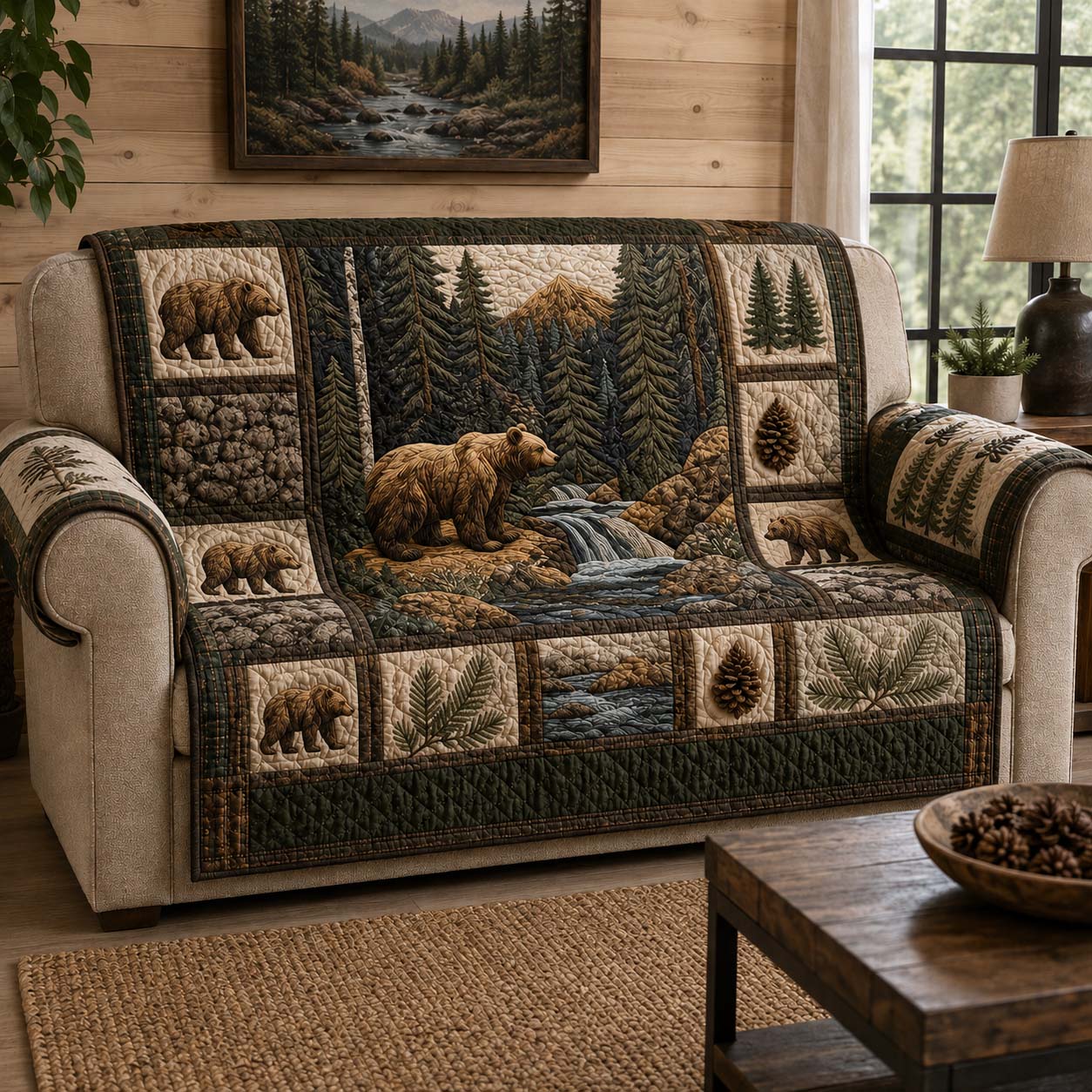 Bear Creek Quilted Sofa Cover Seasonal Room Decor Present For Bear Lover - Tradiviet