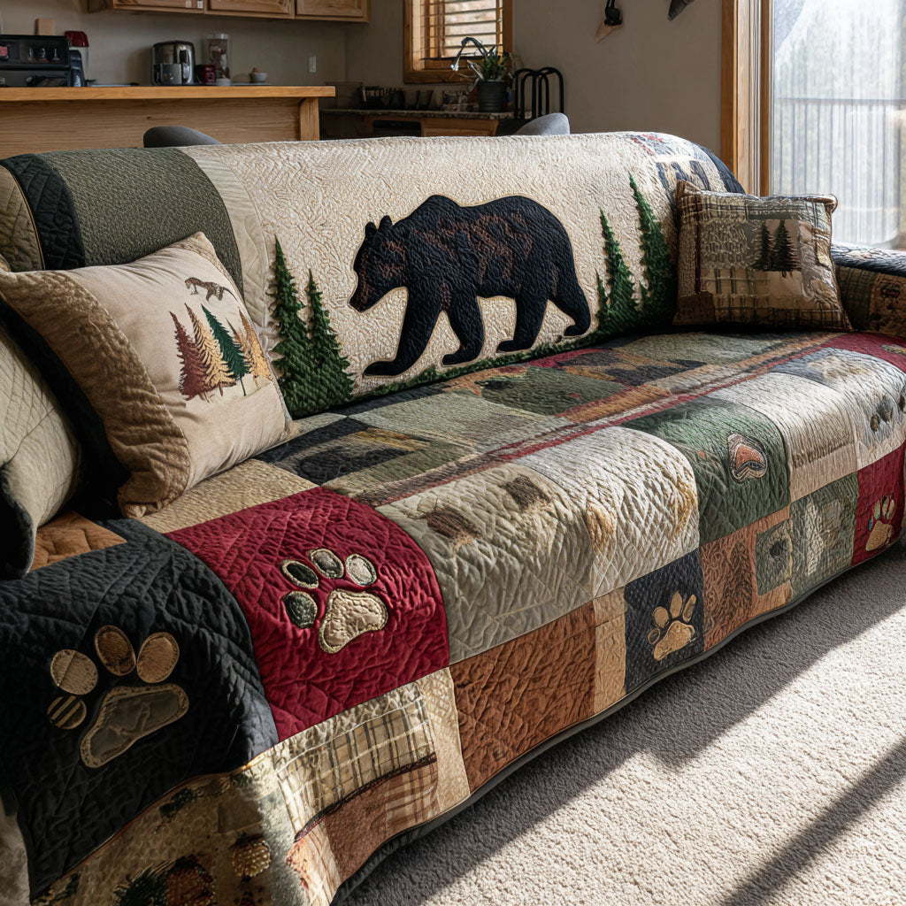 Bear Crossing Trail Quilted Sofa Cover Creative Home Room Decor Rustic Bear Cabin Gifts - Tradiviet