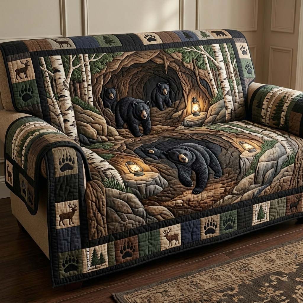 Bear Den Quilted Sofa Cover Cabin Home Couch Cover Bear Gifts For Her - Tradiviet