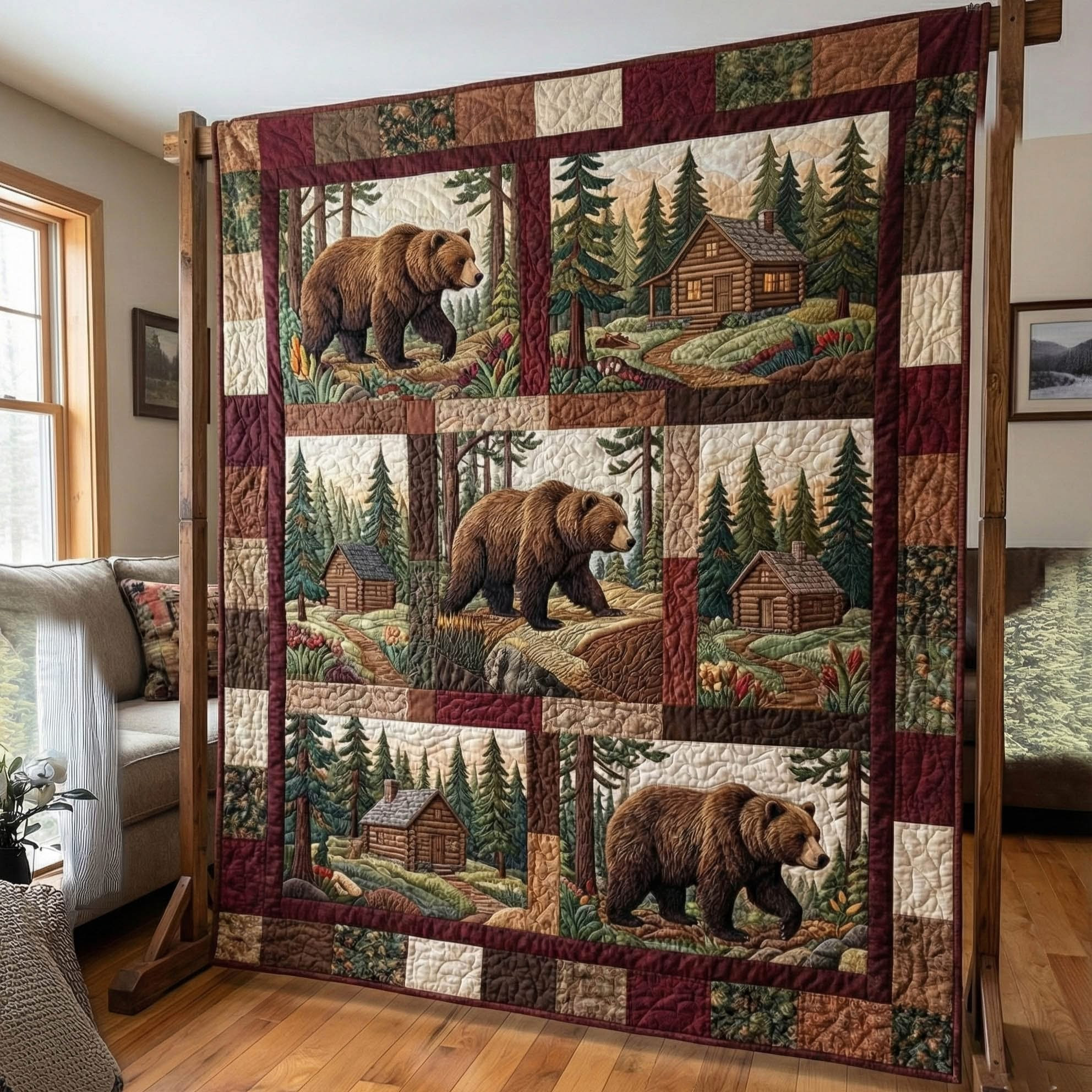 Bear Haven Log Cabin Patchwork Quilted Blanket Bear Themed Gifts Items Merchandise - Tradiviet