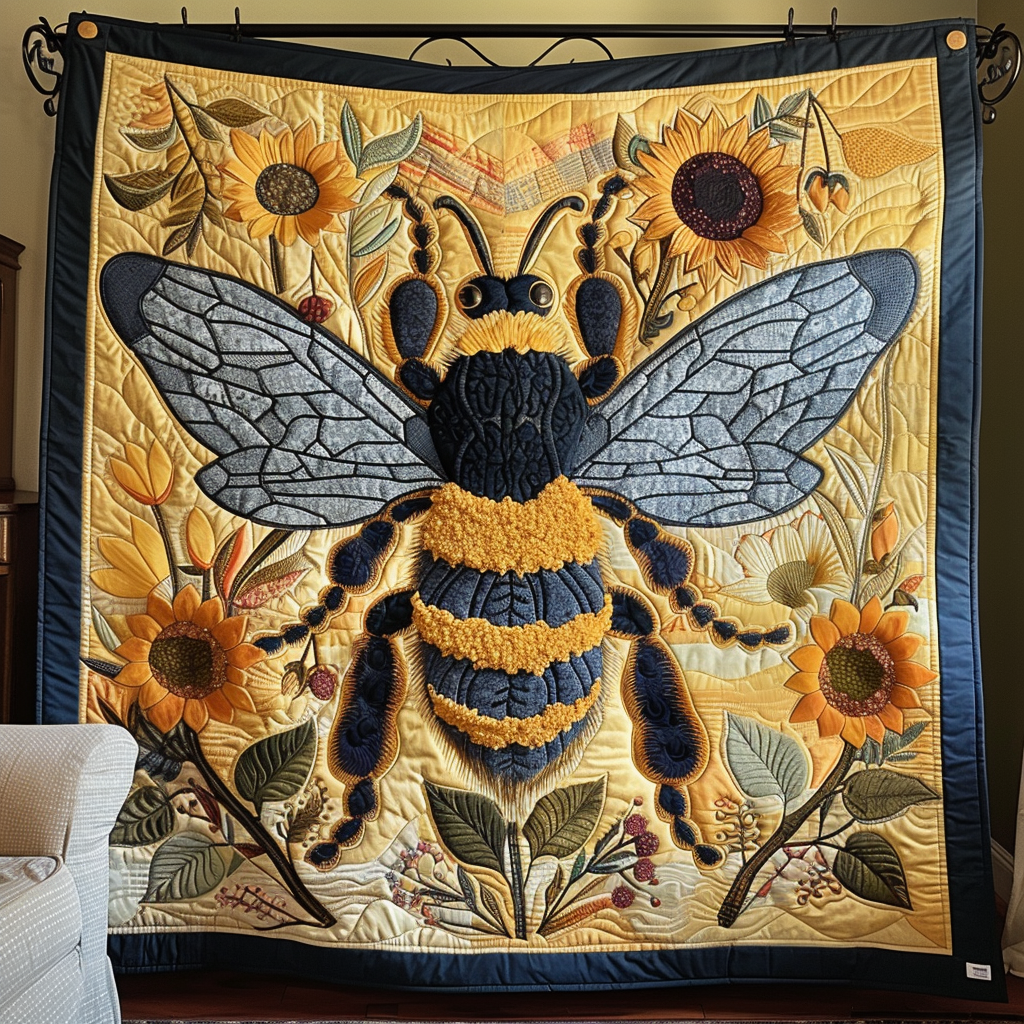 Bee Sunflower Quilted Blanket 4Th Of July Clothes Gift For Living Room - Tradiviet