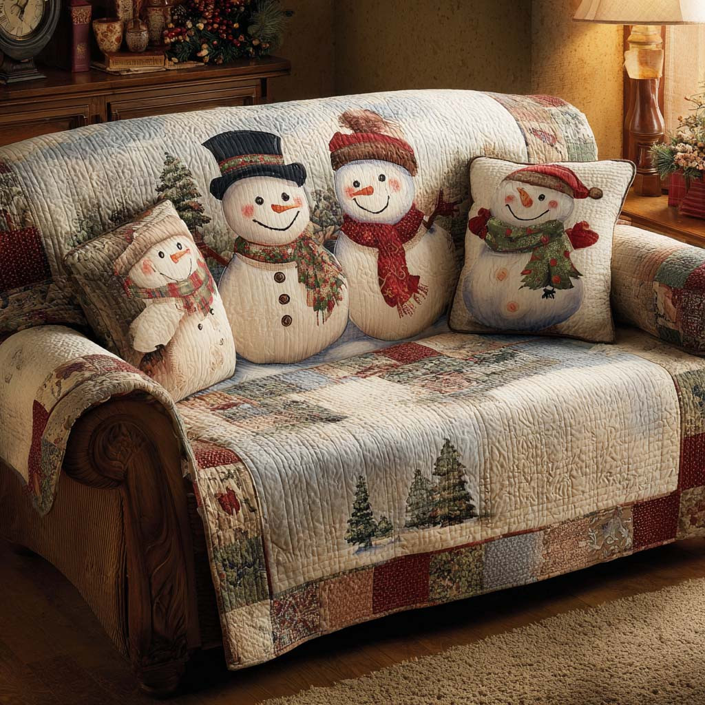 Beige Cozy Snowman Quilted Sofa Cover Winter Living Room Decor Gifts For The Family Christmas - Tradiviet