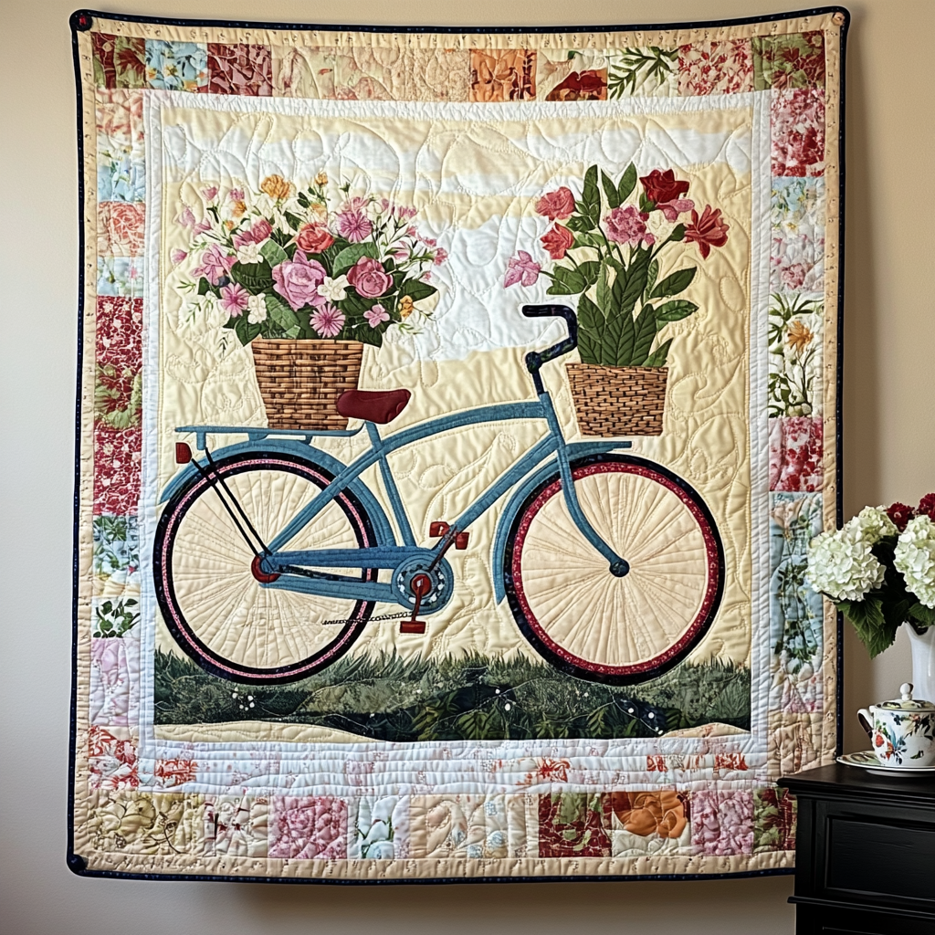 Bicycle Bloom Journey Art Quilted Blanket Decor Ideas For Living Room Gift For Son - Tradiviet