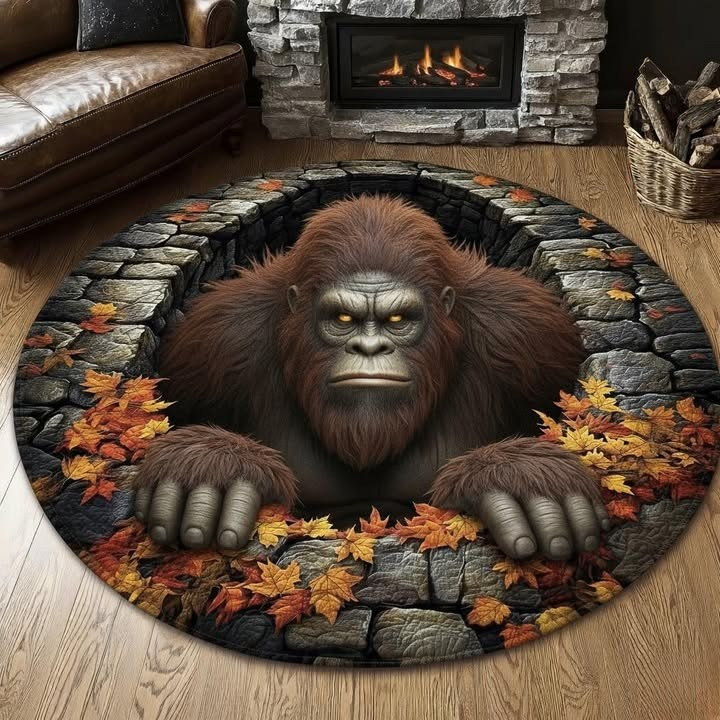Bigfoot Dungeon Quilted Round Mat Fall Leaves Sasquatch Christmas Decor Gift Idea - Tradiviet