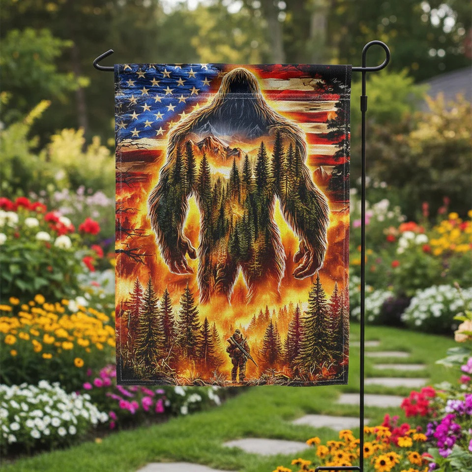 Bigfoot Fiery Flames Flag USA 250 Years Of Freedom Merch Patriotic Apparel - Tradiviet
