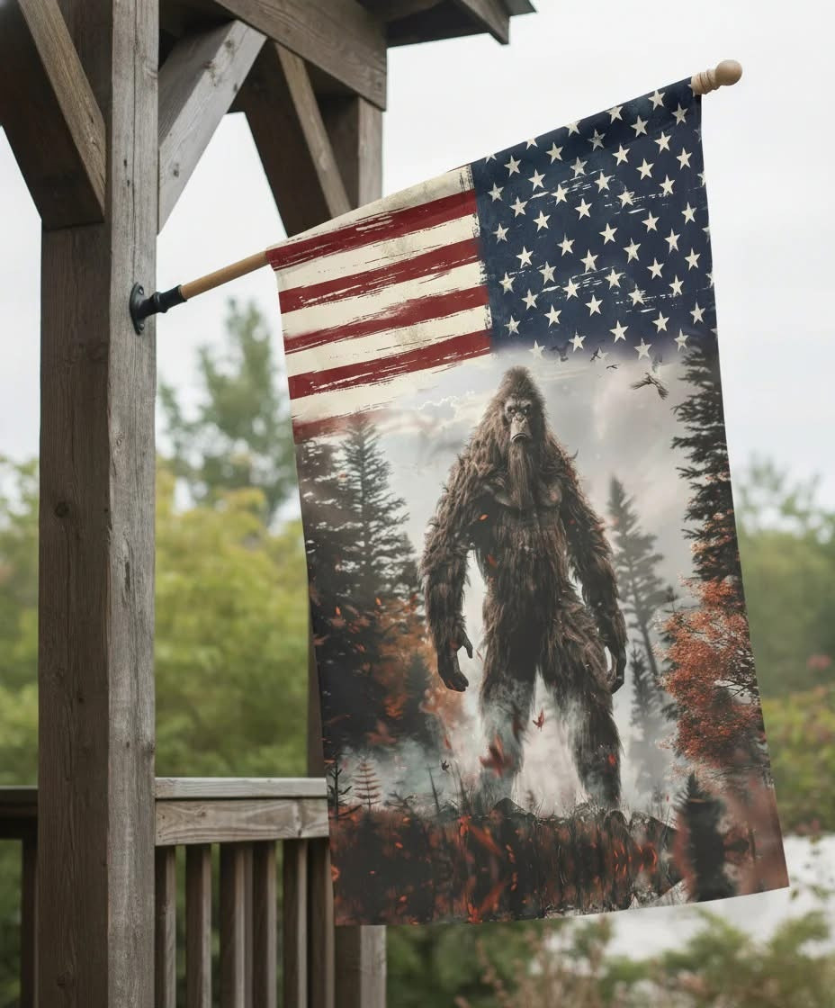 Bigfoot On American Flag Sasquatch 4th Of July Banner Gift Decor For Home - Tradiviet