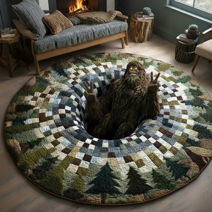Bigfoot Quilted Round Mat Peekaboo Sasquatch Mat Bedroom Decor Family Christmas Gift - Tradiviet