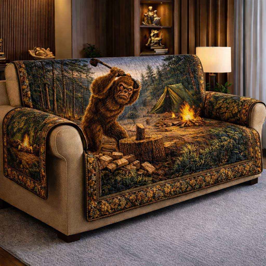 Bigfoot Trails Quilted Sofa Cover Forest Home Couch Cover Gift For Room Lovers - Tradiviet