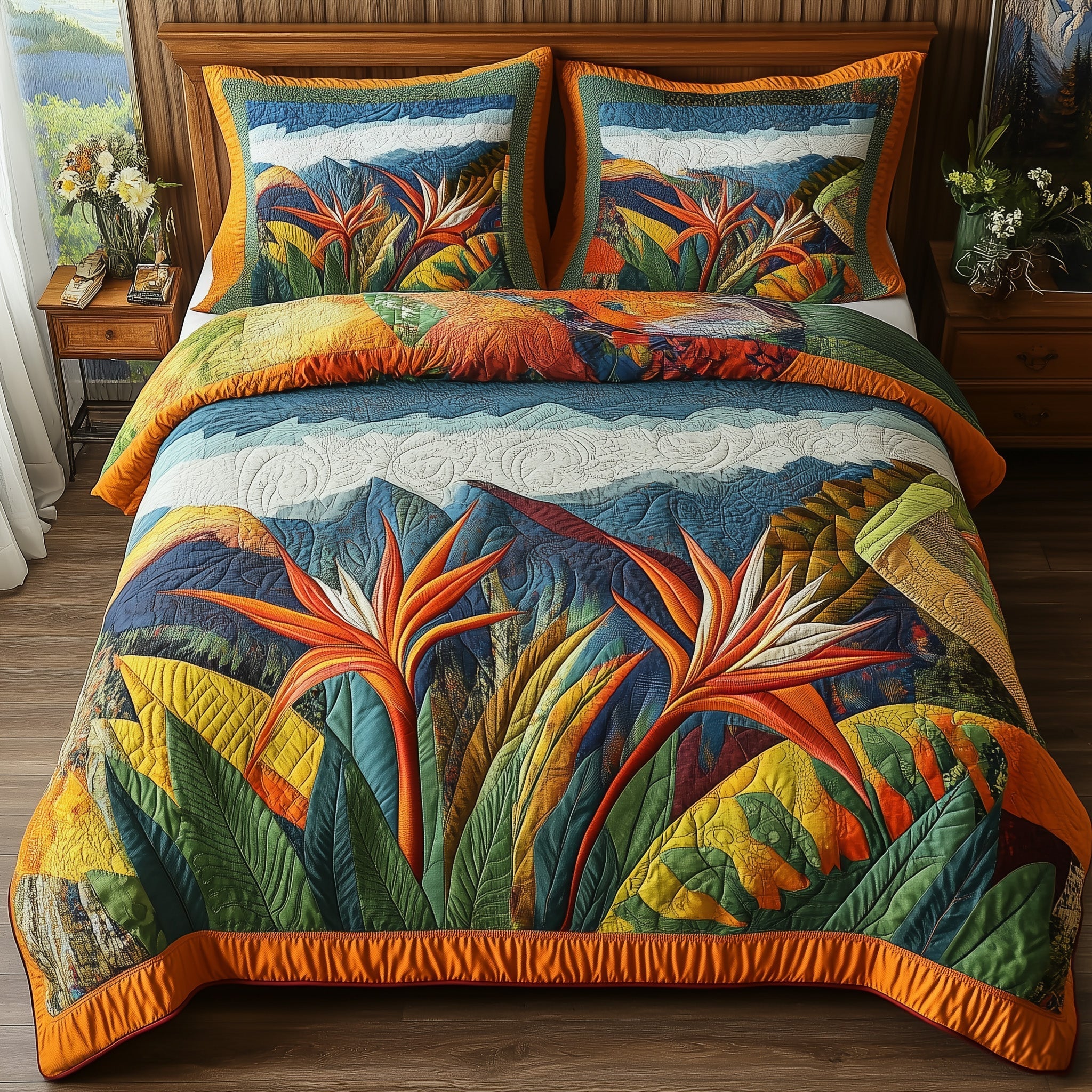 Bird Of Paradise Flower Quilted Bedding Set Bird Paradise Keepsake Gift For Bird Lovers - Tradiviet
