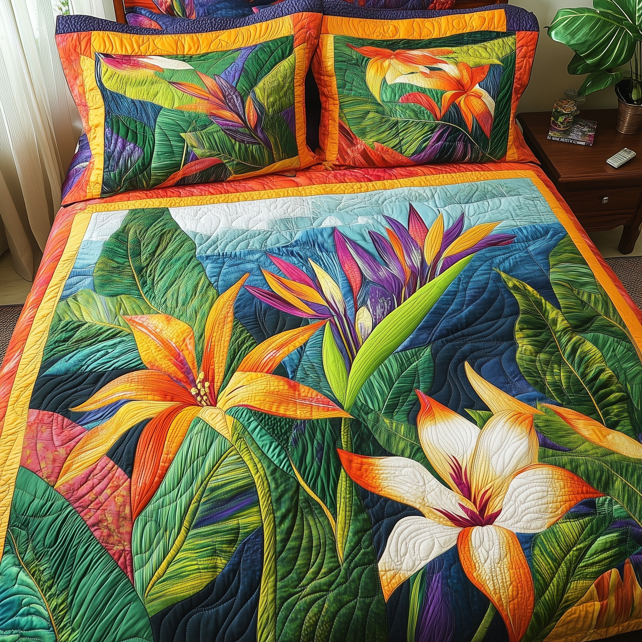 Bird Of Paradise Flower Quilted Bedding Set Bird Paradise Meadow Gift For Paradise Flower - Tradiviet