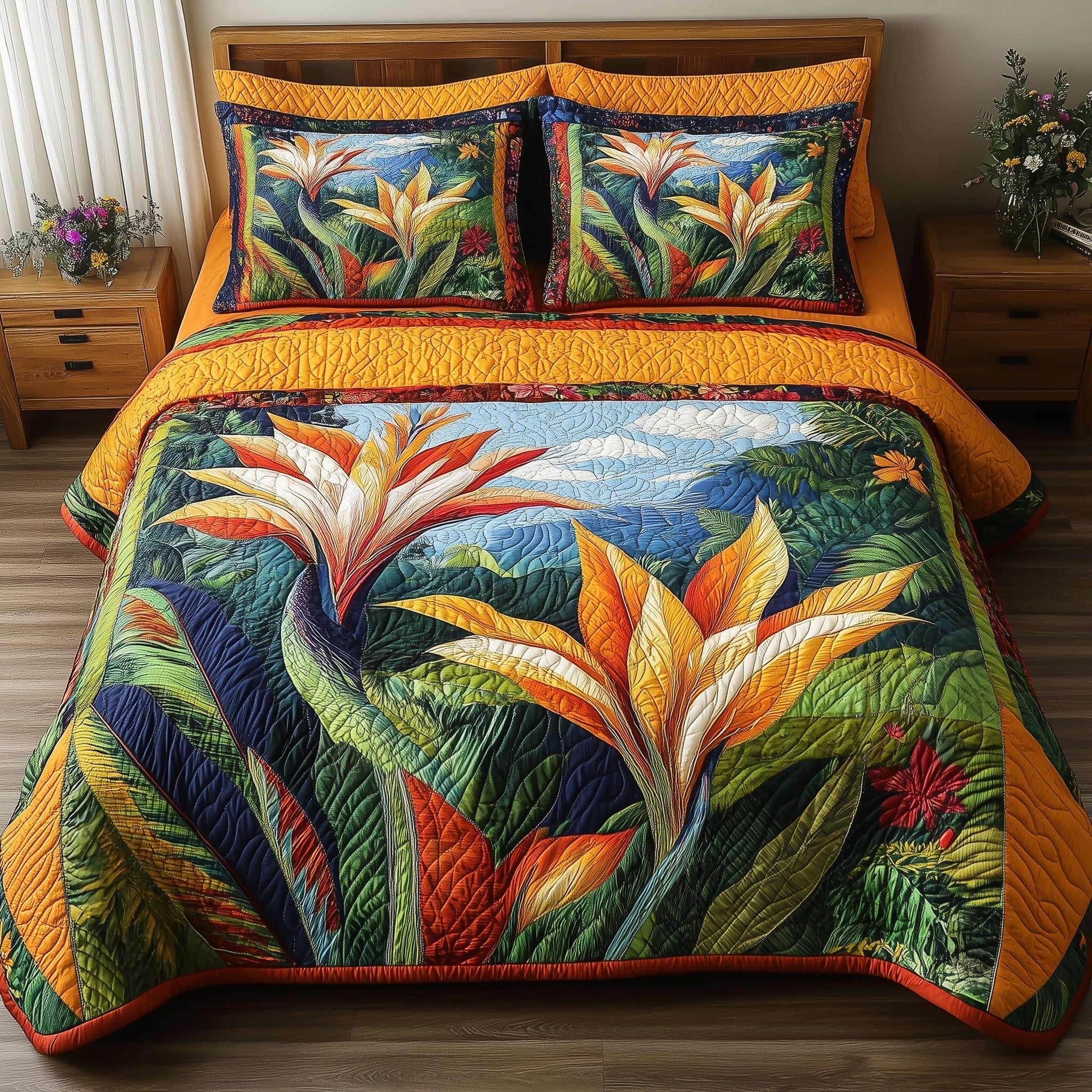 Bird Of Paradise Flower Quilted Bedding Set Bird Paradise Ocean Gift For Bird Flower - Tradiviet