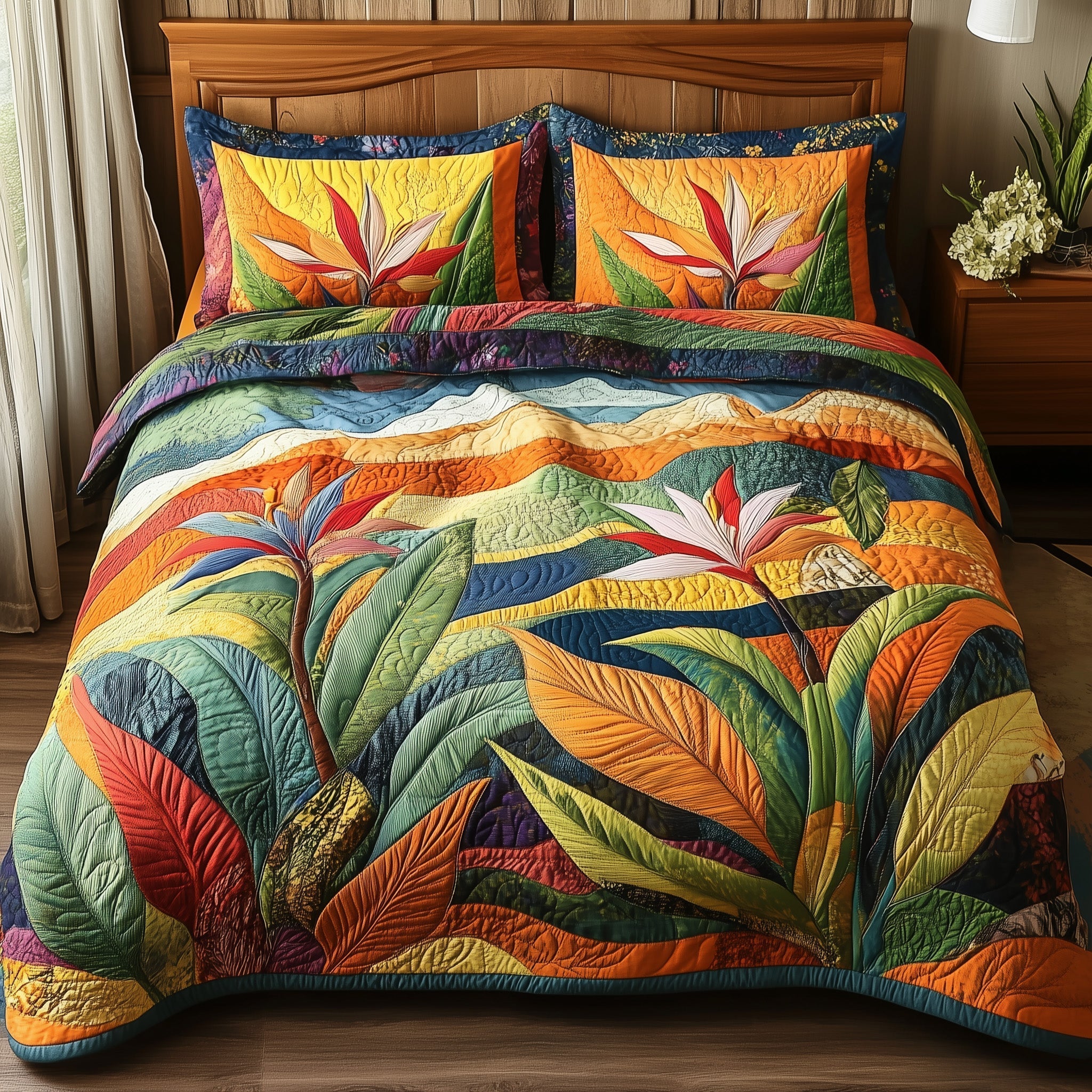 Bird Of Paradise Flower Quilted Bedding Set Bird Paradise Theme Gift For Flower Lovers - Tradiviet