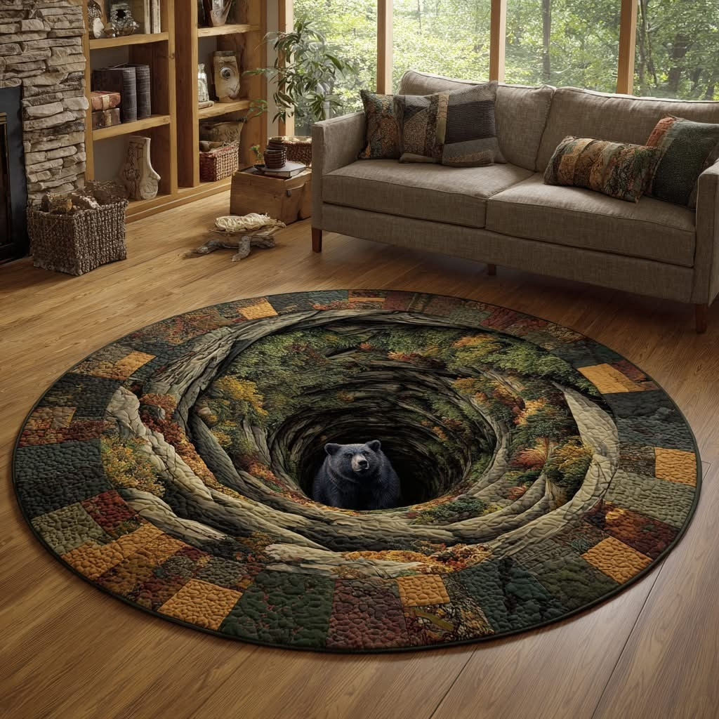 Black Bear Hidden Path Quilted Round Mat Natural Lovers Circle Mat Gift For Bear Lovers - Tradiviet